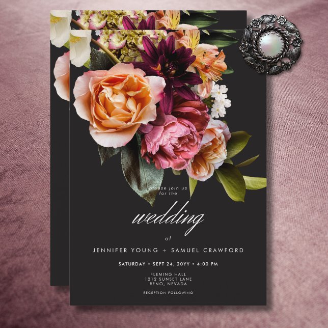 Convite Casamento Floral Elegante Moody Burgundy e Rosa (Elegant Moody Burgundy & Pink Floral Wedding Invitation)
