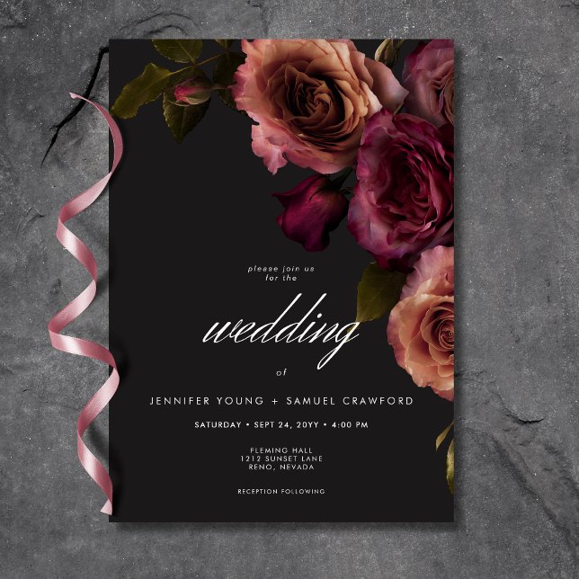 Convite Casamento Floral Elegante Moody Rust & Burgundy (Elegant Moody Muted Rust & Burgundy Floral Wedding Invitation)