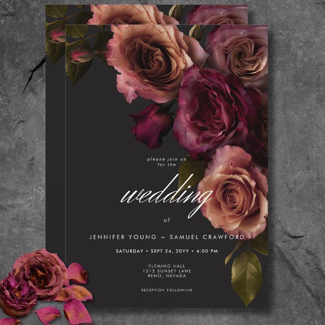 Convite Casamento Floral Elegante Moody Rust & Burgundy (Elegant Moody Muted Rust & Burgundy Floral Wedding Invitation)