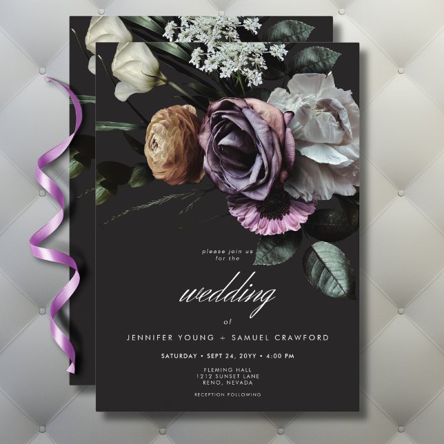 Convite Casamento Floral Elegante Moody Twilight Muted (Elegant Moody Twilight Muted Floral Wedding Invitation)