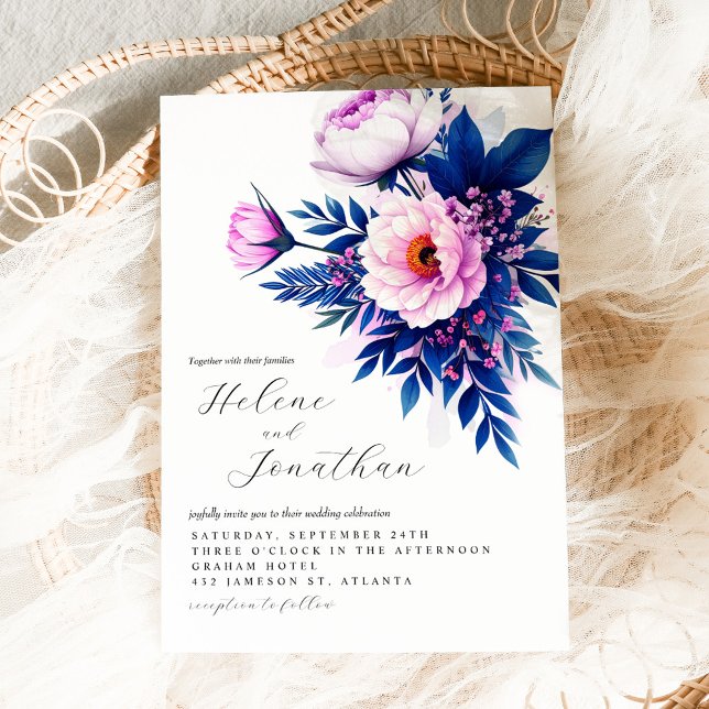 Convite Casamento Floral Elegante Na moda Azul Cobalto (Cobalt Blue Pink Stylish Elegant Floral Wedding Invitation)