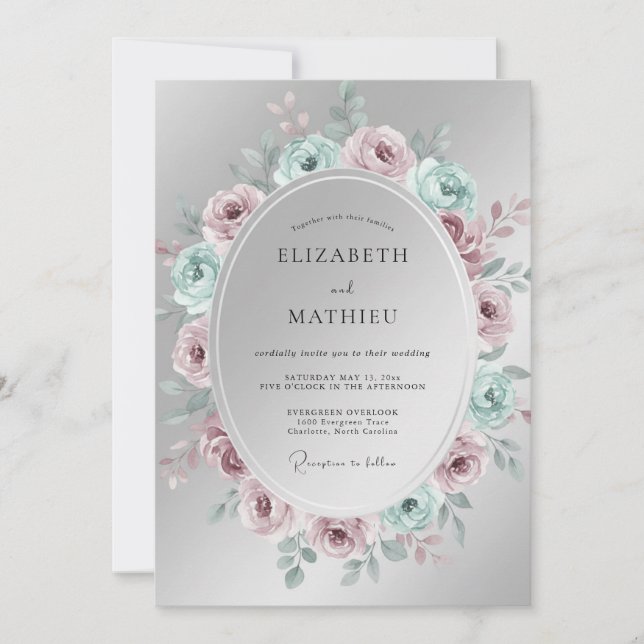 Convite Casamento Floral Elegante Prateado (Frente)