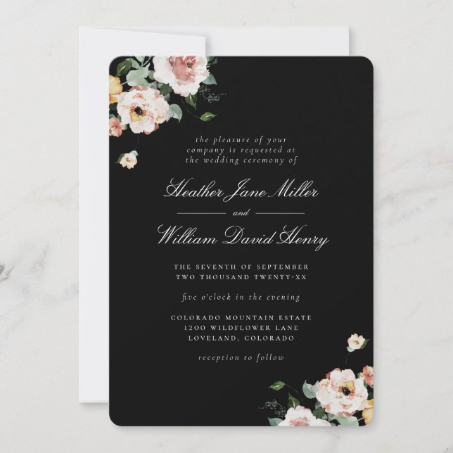 Convite Casamento Floral Elegante Preto (Frente)