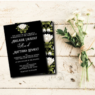 Convite Casamento Floral Elegante Preto e Branco: Caligraf