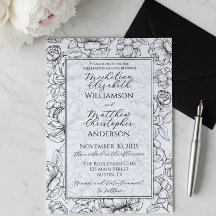Casamento Floral Elegante Preto e Branco Desenhado