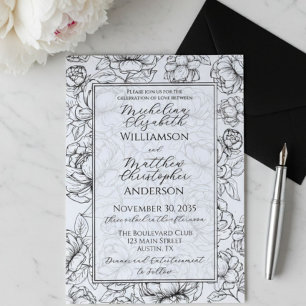 Convite Casamento Floral Elegante Preto e Branco Desenhado