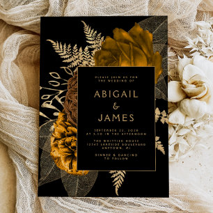 Convite Casamento Floral Elegante Preto Laranja Queimado D