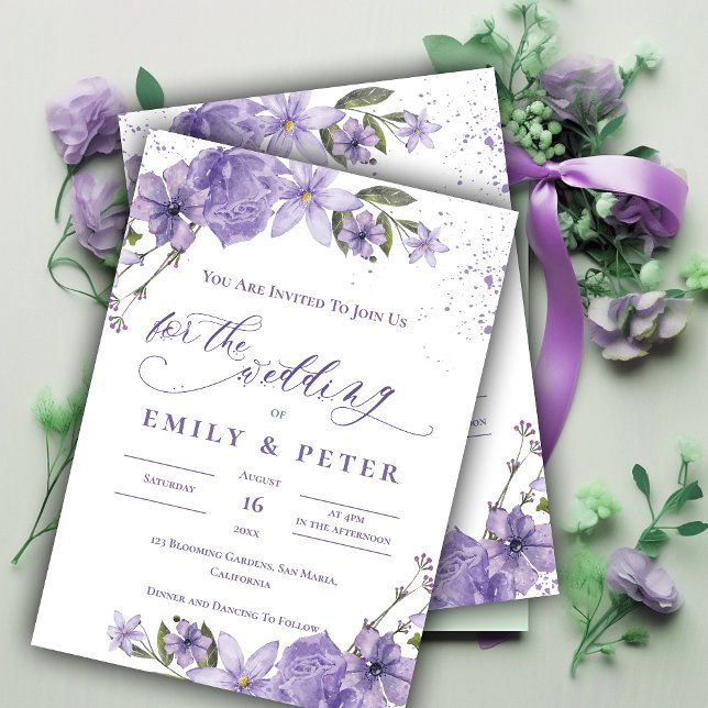 Convite Casamento Floral Elegante Púrpura e bonito De Aqua (Pretty Watercolor Purple Elegant Floral Wedding Invitation)