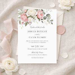 Convite Casamento Floral Elegante Rosa Bege com Verdura