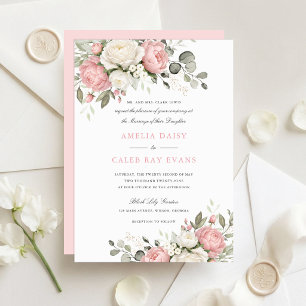 Convite Casamento Floral Elegante Rosa Bege com Verdura