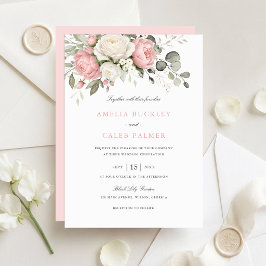 Convite Casamento Floral Elegante Rosa Bege com Verdura