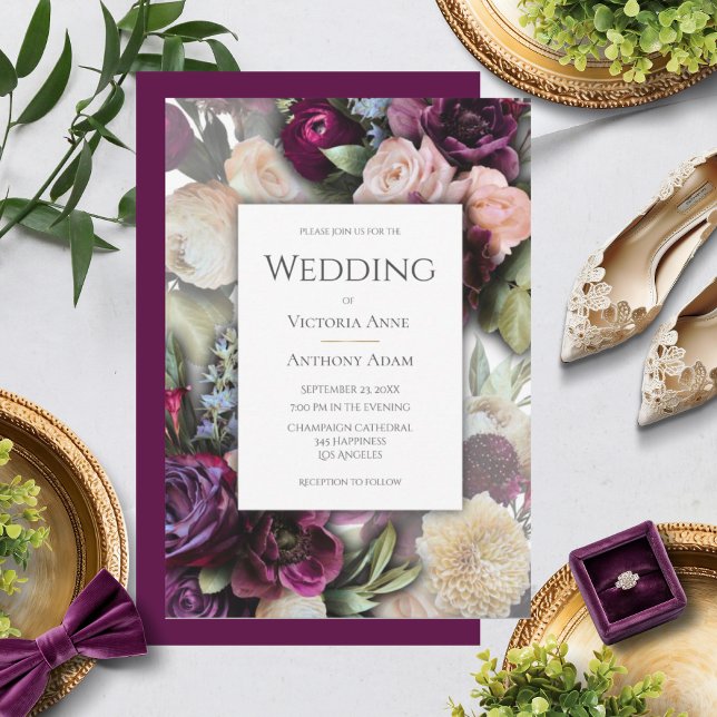 Convite Casamento Floral Elegante Rosa Burgundy (Criador carregado)