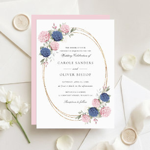 Convite Casamento Floral Elegante Rosa e Azul Marinho Hydr