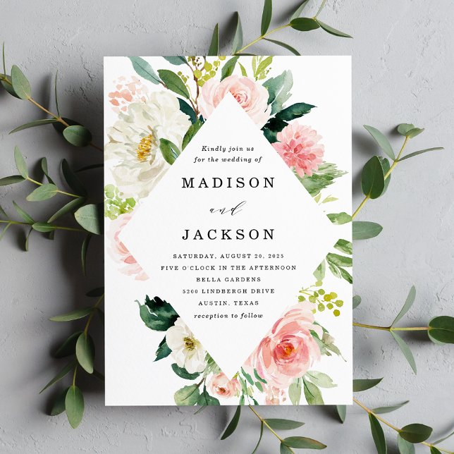 Convite Casamento Floral Elegante Rosa e Branco (Criador carregado)
