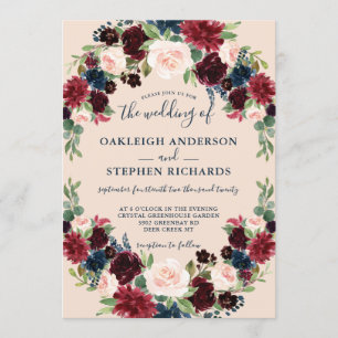 Convite Casamento Floral Elegante, Rosa e Marinho