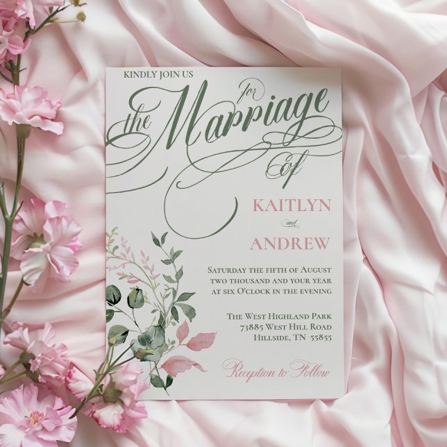 Convite Casamento Floral Elegante Rosa e Sage (Pink and sage elegant typography floral wedding invitations)