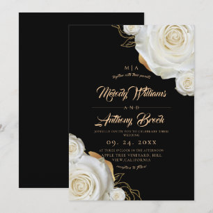 Convite Casamento Floral Elegante Rosa Preto Branco e Dour