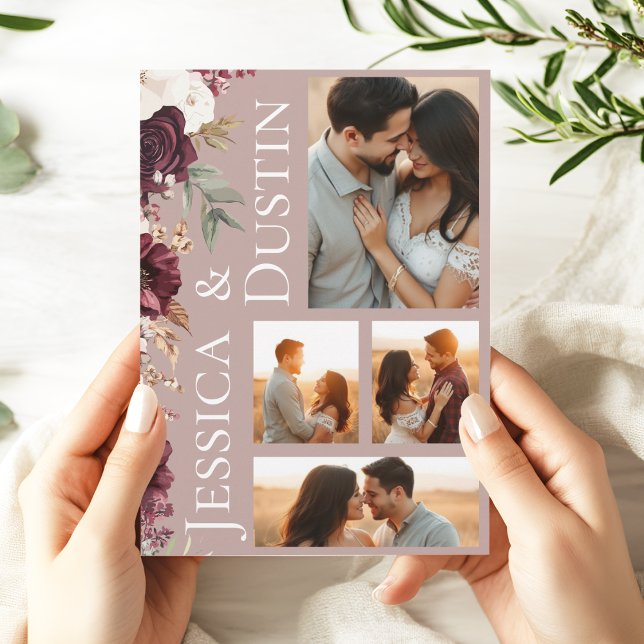 Convite Casamento Floral Elegante, Rosa, Rosa, (Modern Burgundy Dusty Rose Photo Collage Wedding Invitation
)