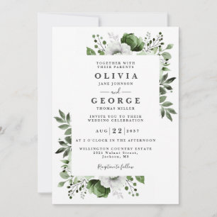 Convite Casamento Floral Elegante Verde Oliva Código QR
