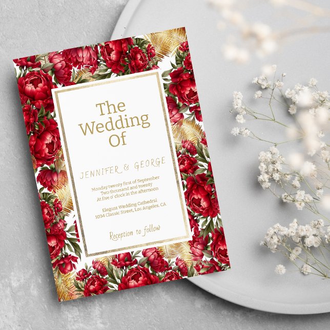 Convite Casamento floral elegante vermelho dourado verde p (Elegant red gold green peonies floral wedding)