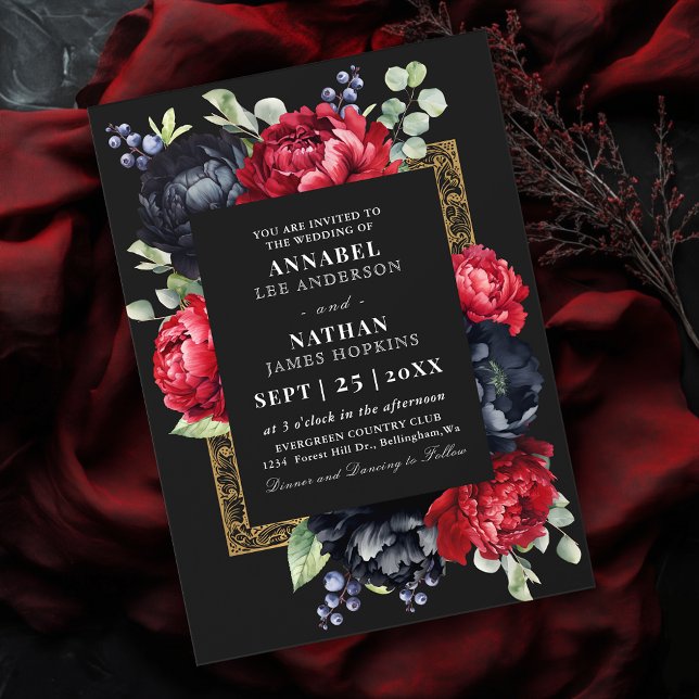 Convite Casamento Floral Elegante Vermelho e Negro (Criador carregado)