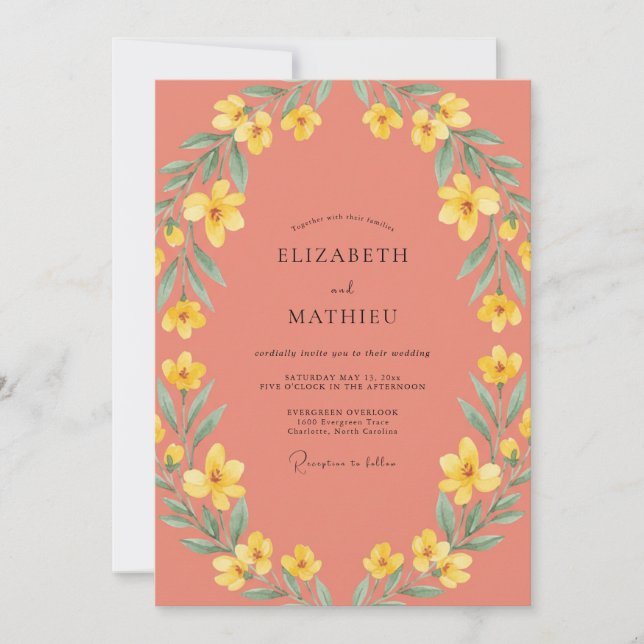 Convite Casamento Floral em Amarelo Coral (Frente)