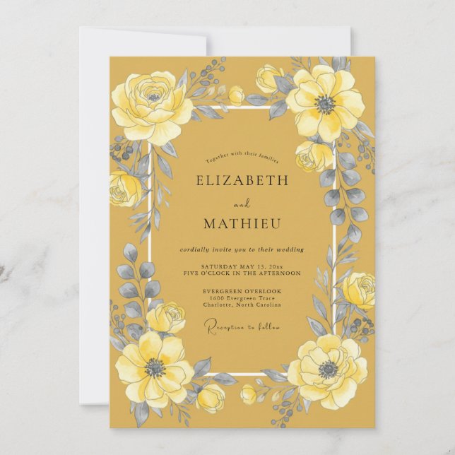 Convite Casamento Floral em Amarelo Mostarda (Frente)