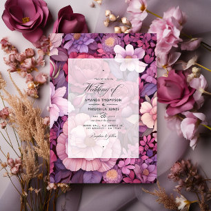 Convite Casamento Floral em Ameixa, Malva e Dourado Rosa