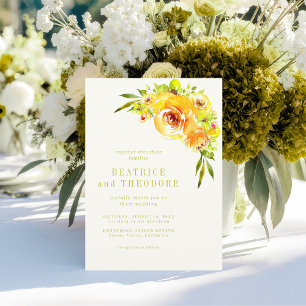 Convite Casamento Floral em Aquarela Amarela e Verde Elega