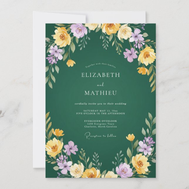 Convite Casamento Floral em Aquarela Amarelo Esmeralda (Frente)