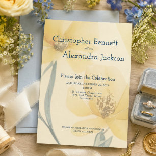 Convite Casamento Floral em Aquarela Amarelo Pálido Azul S