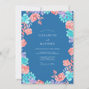 Convite Casamento Floral em Aquarela Azul Aço Coral