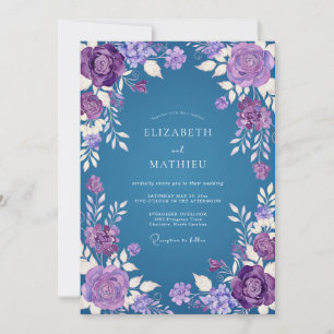 Convite Casamento Floral em Aquarela Azul Aço Violeta