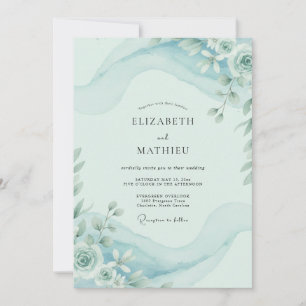 Convite Casamento Floral em Aquarela Azul Céu