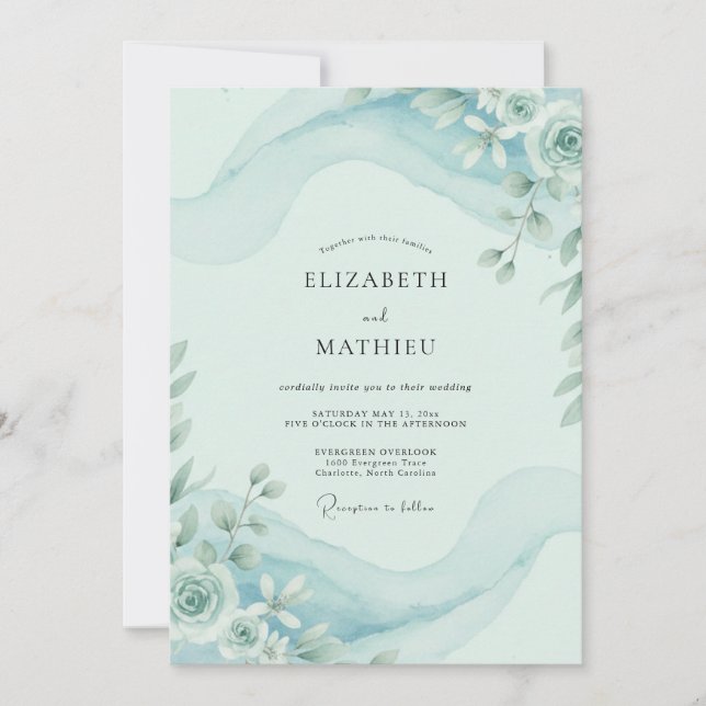 Convite Casamento Floral em Aquarela Azul Céu (Frente)