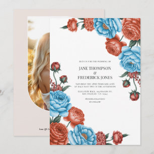 Convite Casamento Floral em Aquarela Azul Céu e Terracota