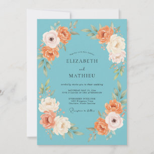 Convite Casamento Floral em Aquarela Azul Claro e Pêssego