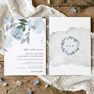 Convite Casamento Floral em Aquarela Azul Desbotada