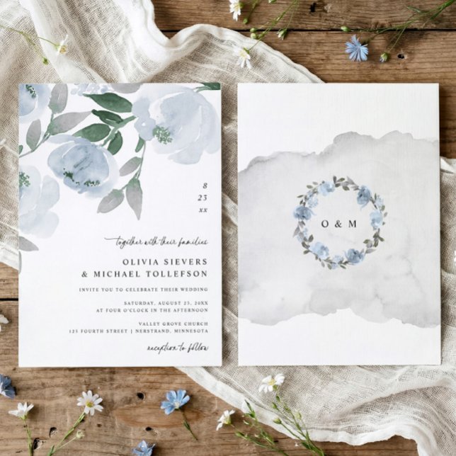 Convite Casamento Floral em Aquarela Azul Desbotada (Dusty blue watercolor floral wedding invitation with soft blue and gray flowers and elegant script)