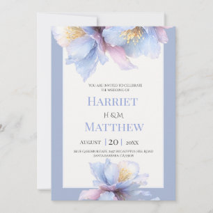 Convite Casamento Floral em Aquarela Azul Desbotado e Lava