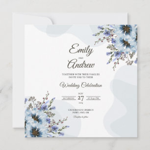Convite Casamento Floral em Aquarela Azul Desbotado na Pri