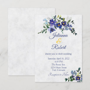 Convite Casamento floral em aquarela azul e amarelo
