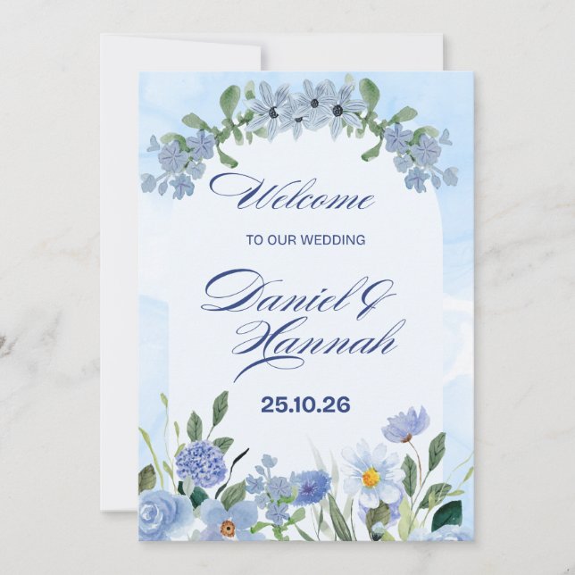 Convite casamento floral em aquarela azul e branco (Frente)