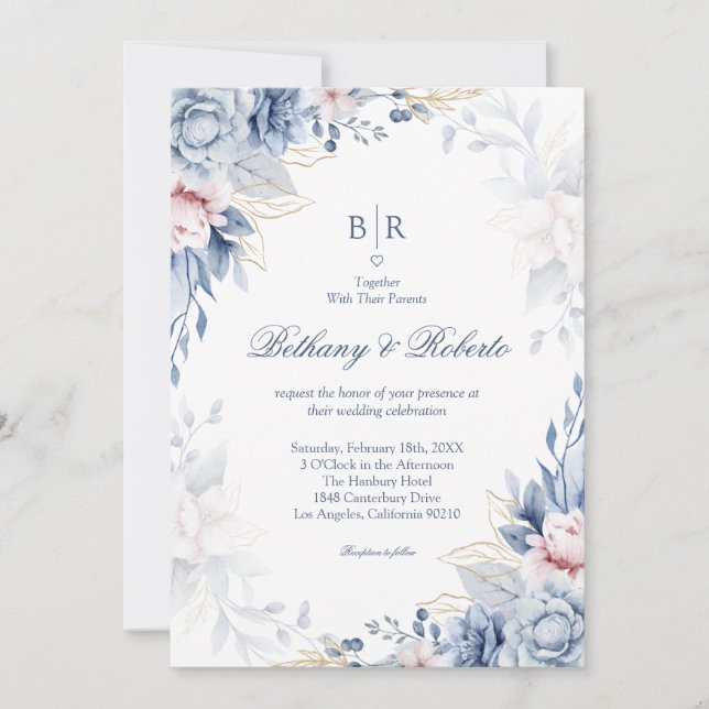 Convite Casamento Floral em Aquarela Azul e Dourado Elegan (Frente)