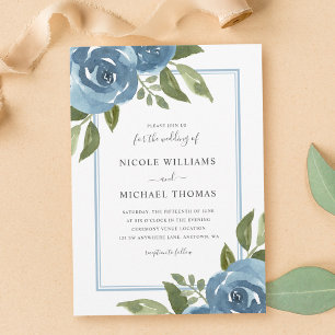 Convite Casamento Floral em Aquarela Azul Elegante e Empol