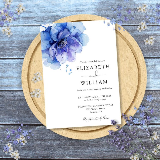 Convite Casamento Floral em Aquarela Azul Empoeirado Moder (Dusty Blue Modern Watercolor Floral Wedding Invitation)