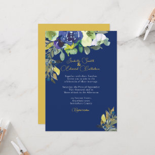 Convite Casamento Floral em Aquarela Azul Escuro Nobre