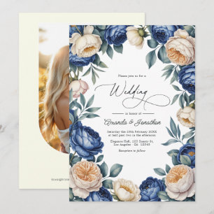 Convite Casamento Floral em Aquarela Azul Francês e Marfim