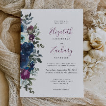 Casamento Floral em Aquarela Azul-Marinho Ameixa