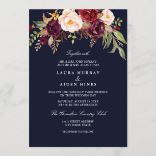Convite Casamento Floral em Aquarela Azul Marinho Bege